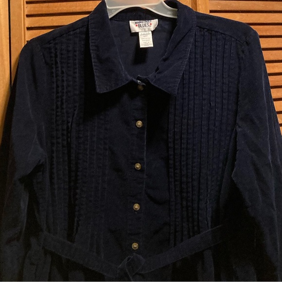 Main-street Blues Navy Blue Corduroy Dress with Tucks on the Front - Picture 3 of 14